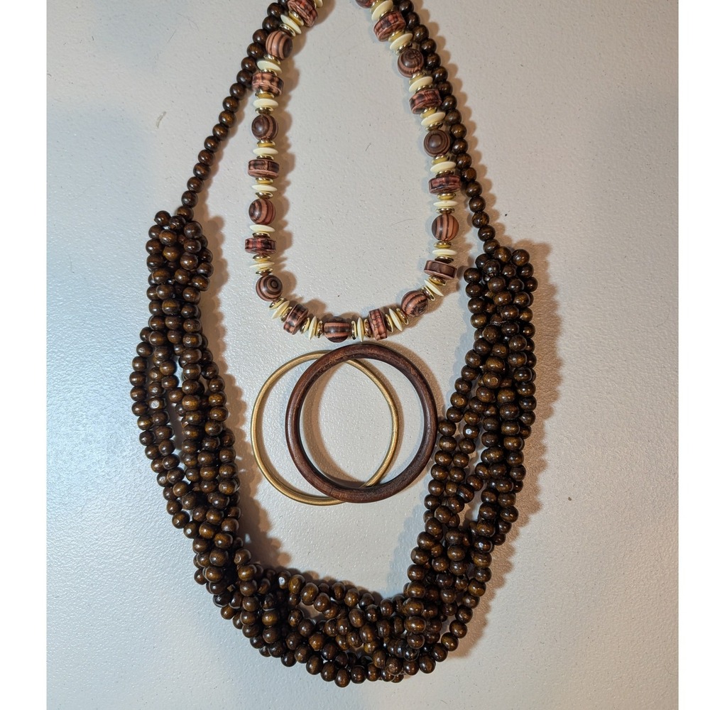 4pc Wood Bead Jewelry Set Multi-Strand Necklace Patterned Beads Gold Bangles‎